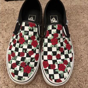 Vans Black & White Checkerboard Slip-On with Red Rose Motif
